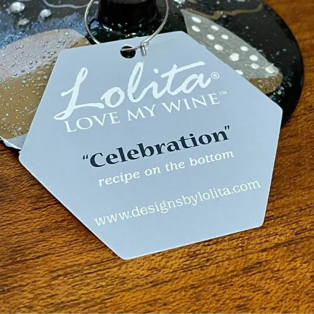 NIB Lolita “Celebration” Hand Painted Wine Glass Silver Black Gold